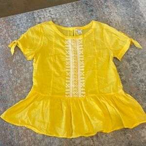 J Crew Bright Yellow Blouse with White embroidered Detail and Ties on Sleeves